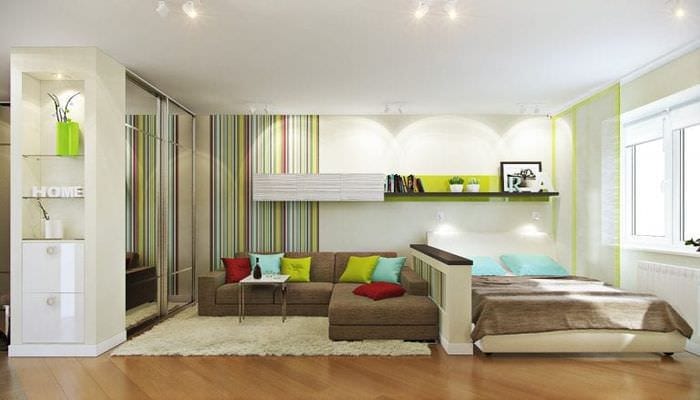 Дизайн гостиной спальни 18 кв м с перегородкой