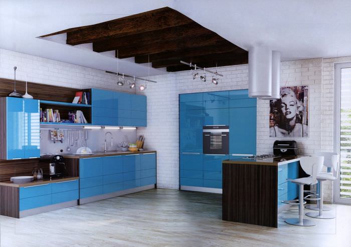 Бирюзовый цвет стен в интерьере кухни